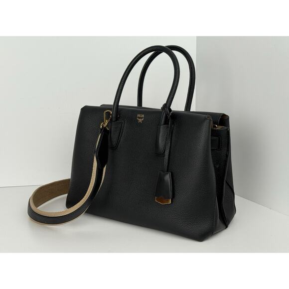 MCM Metallic Grained Black Calfskin Medium Milla Tote Spike Silver - Picture 1 of 13